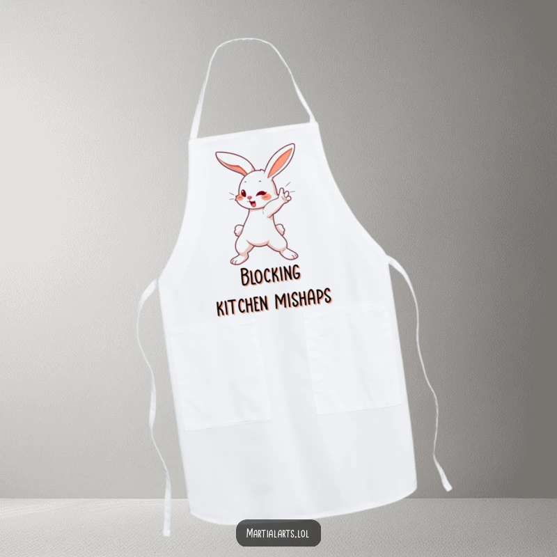 Funny Apron: A cute bunny executing a swift blocking motion, playfully defending the kitchen with humorous agility.