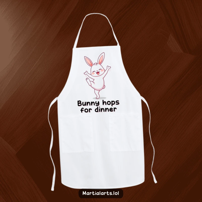 Funny Chef Bunny High Knee Apron: A cheerful bunny doing a high knee lift, designed for kitchen fun with an energetic and humorous touch.