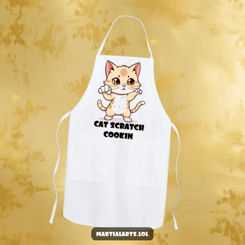 Funny Chef Cat Punch Apron: A curious cat in a swift punching motion, designed for culinary adventures with a humorous and agile feline touch.