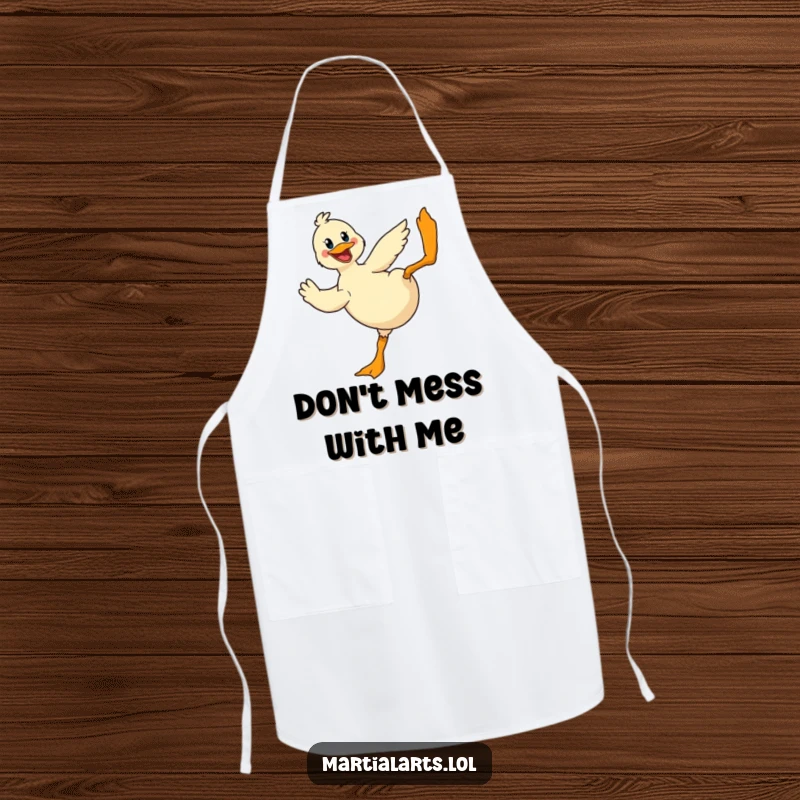 Funny Duck Apron: A cheerful duck performing a dramatic flying kick, ready for culinary action with humor.