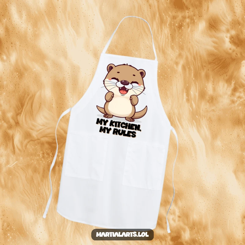 Funny apron with a delighted otter in a funny, defensive chef pose, perfect for kitchen protection and humorous cooking.