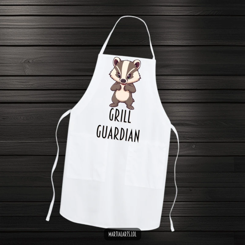 Funny apron depicting a brave badger in a strong defensive posture, perfect for humorous kitchen protection.