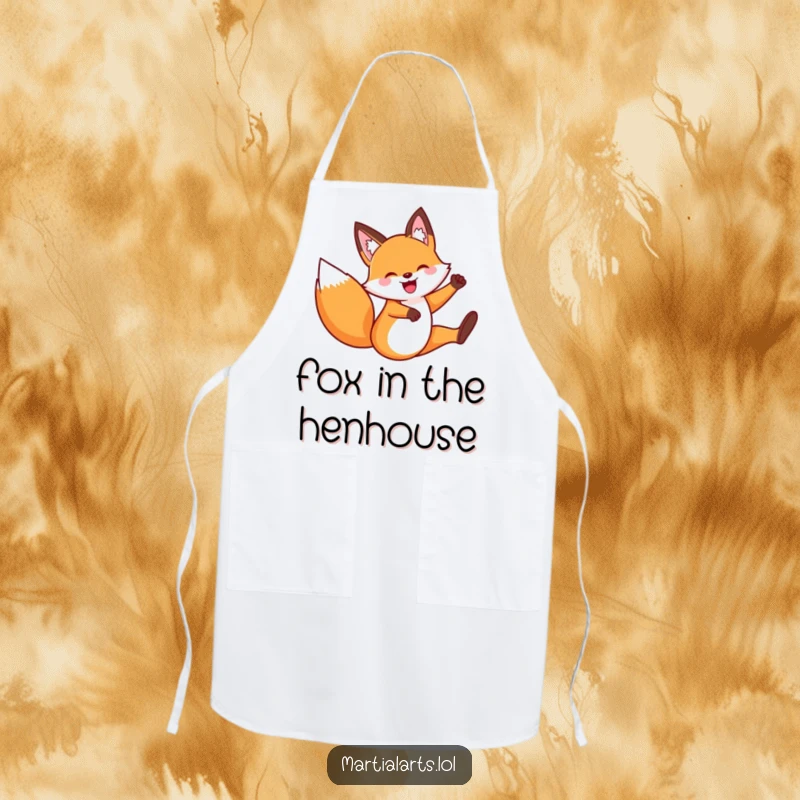 Funny Chef Fox Flying Kick Apron: A fox performing a dynamic flying kick, designed for culinary adventures with a humorous and agile touch.