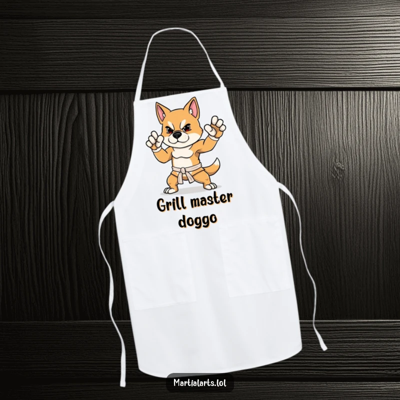 Funny Dog Apron showing a determined dog striking a proud, balanced martial arts stance, perfect for kitchen humor.