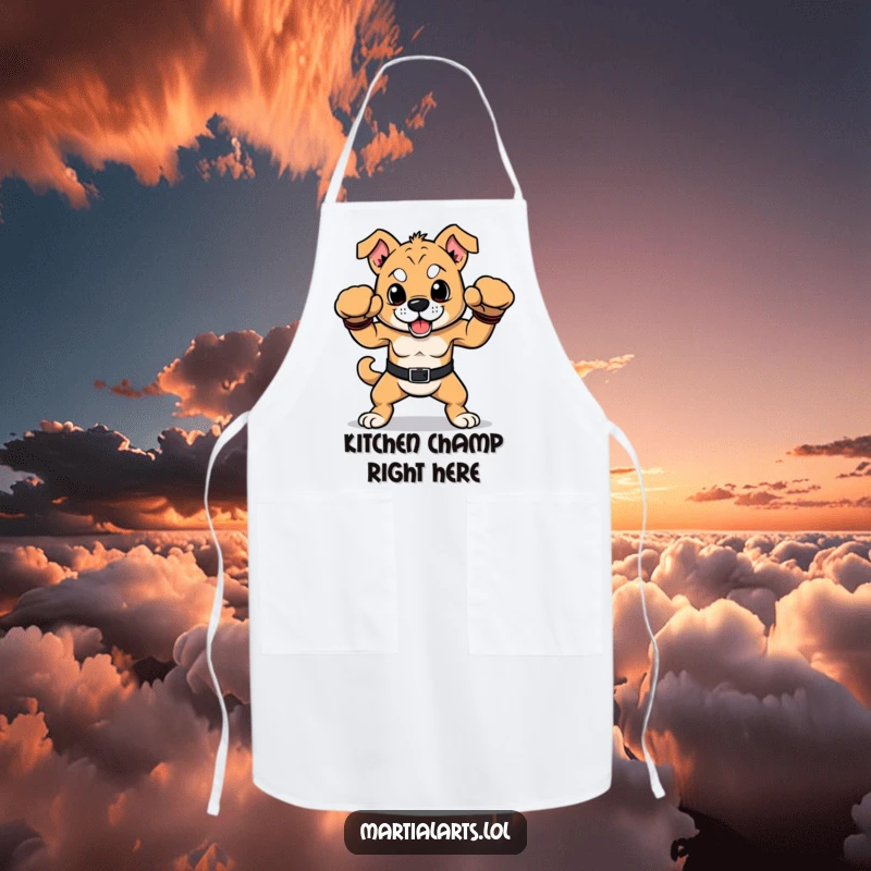 Funny dog apron with a proud dog in a victorious boxing pose, ready to whip up culinary masterpieces.