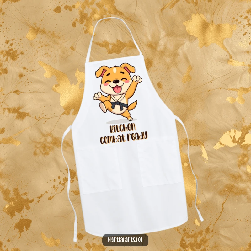 Funny Dog Apron featuring a happy dog in a karate stance, enthusiastically kicking its legs, bringing humorous action to cooking.