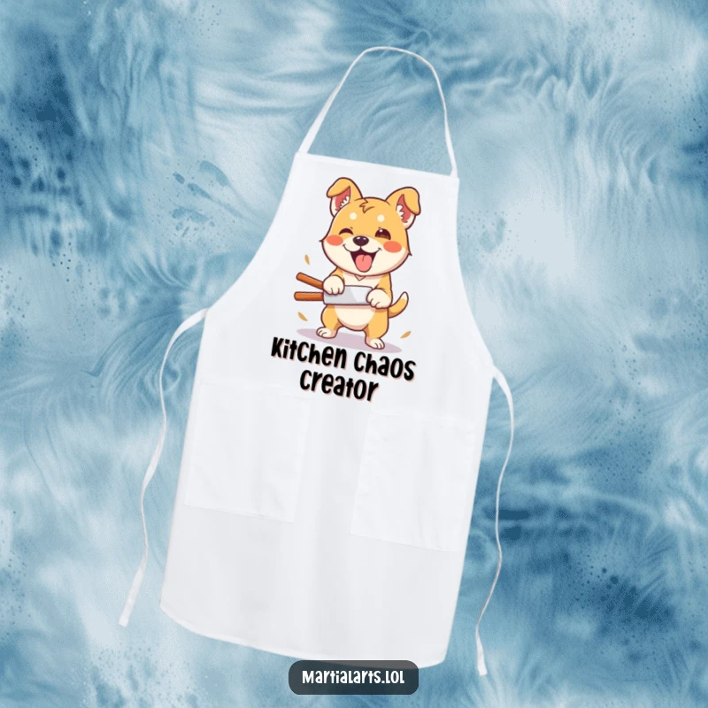 Funny Dog Apron: A silly dog attempting a clumsy, enthusiastic karate chop in the kitchen, ready for fun.