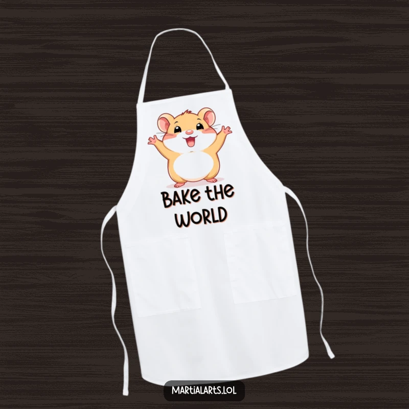 Funny hamster apron with a happy animal in a wide, energetic stance, perfect for adding kitchen cheer and protection.