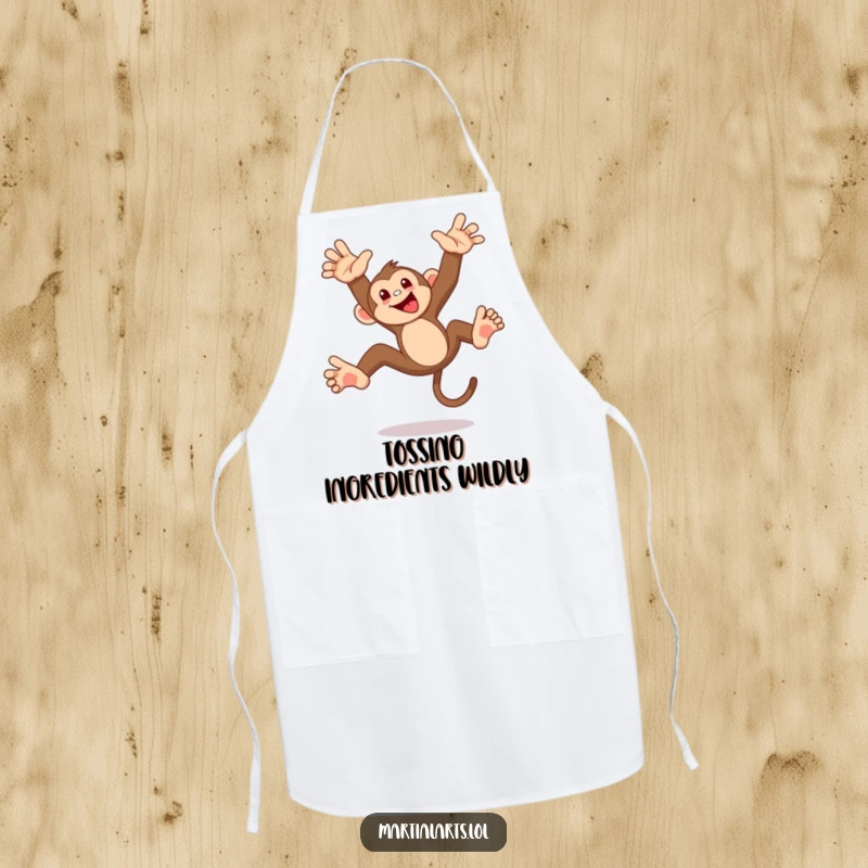Funny monkey flip apron, a mischievous monkey mid-flip, making kitchen time fun and clean with acrobatic flair and a funny expression.