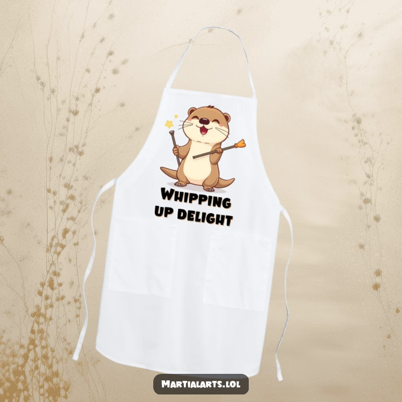 Funny Otter Staff Apron with a joyful otter spinning a staff, perfect for a humorous cooking experience.
