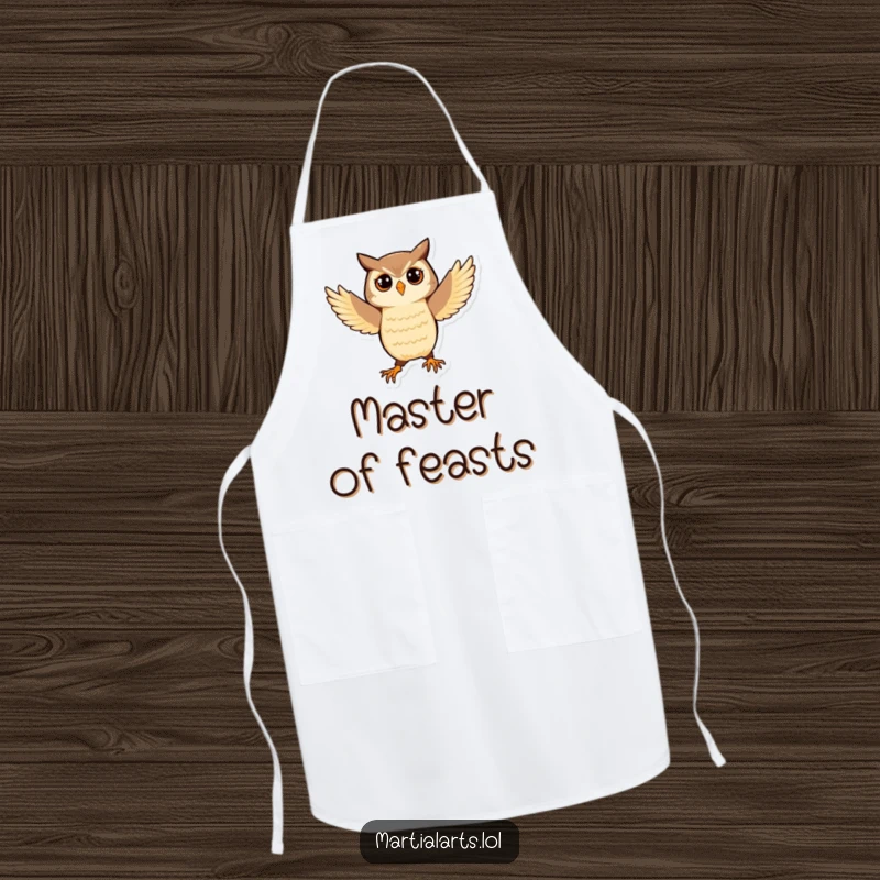 Funny Owl Apron: A playful owl balancing in a martial arts stance, ready for kitchen adventures with humor.