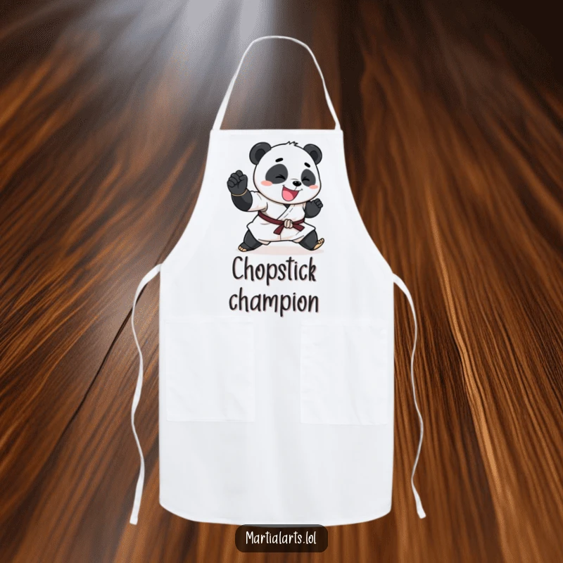 Funny Panda Apron showing a happy panda performing an exaggerated karate chop, perfect for kitchen humor.