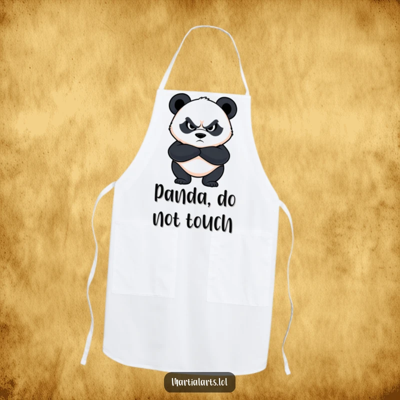 Funny panda apron showing a determined panda with crossed arms and a fierce look, ready for culinary battles with humor.