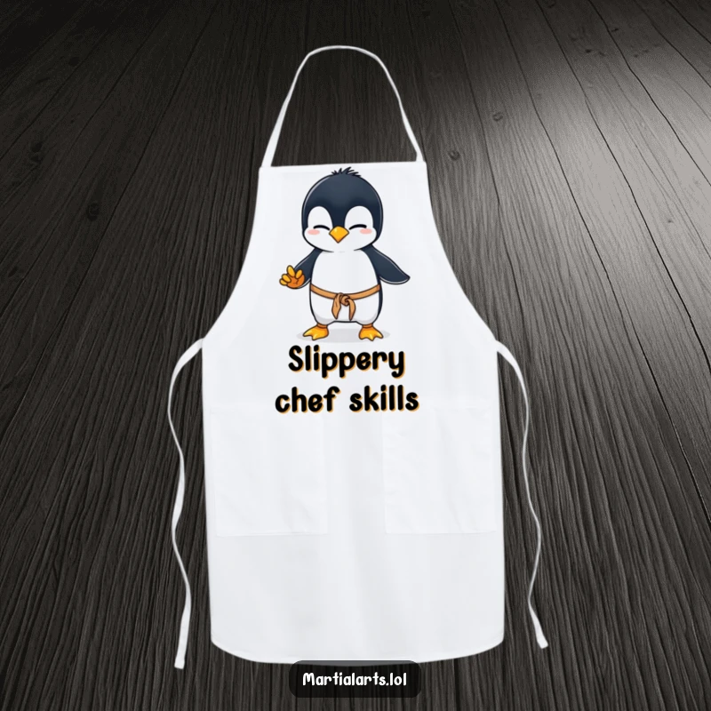 Funny penguin karate apron, a curious penguin wobbling in a clumsy martial arts stance, protecting the cook with adorable Antarctic humor and determination.