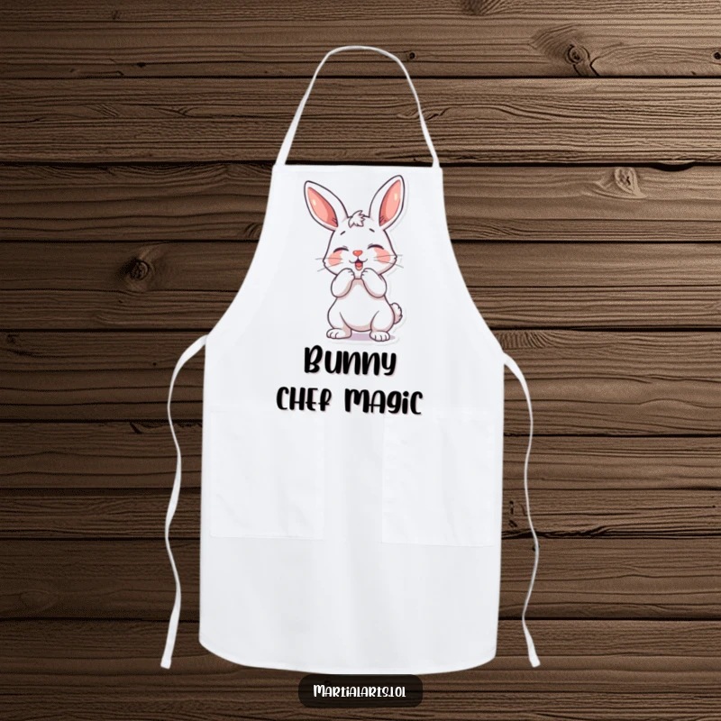 Funny playful bunny apron showing a bunny in a mock strike pose, ready for kitchen fun.