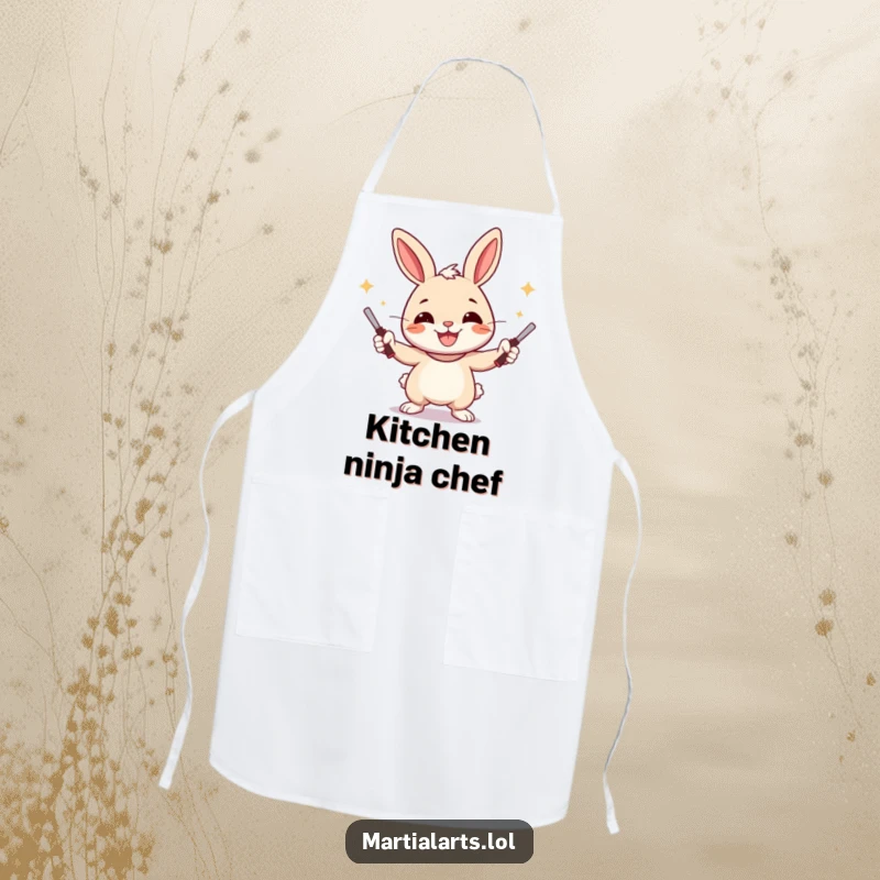 Funny Rabbit Apron showing a cheerful rabbit juggling nunchucks with a wide smile, perfect for kitchen humor.