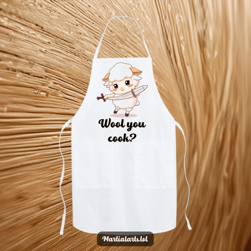 Funny apron depicting a fluffy sheep spinning with a pretend sword, adding humorous flair to kitchen tasks.