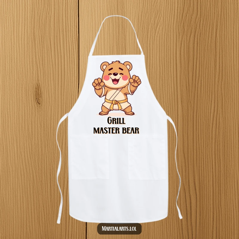 Funny apron featuring a happy bear striking a martial arts pose, adding kitchen humor and warrior spirit.