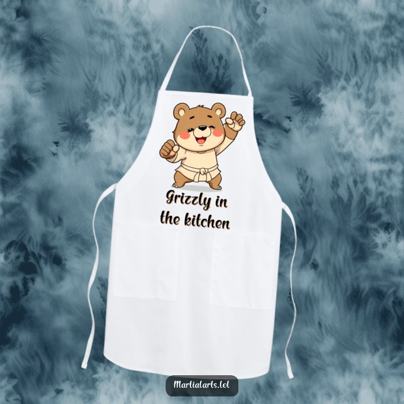 Funny Chef Bear Martial Arts Apron: A bear in a dynamic fighting stance, ready to assist in the kitchen with humorous flair.