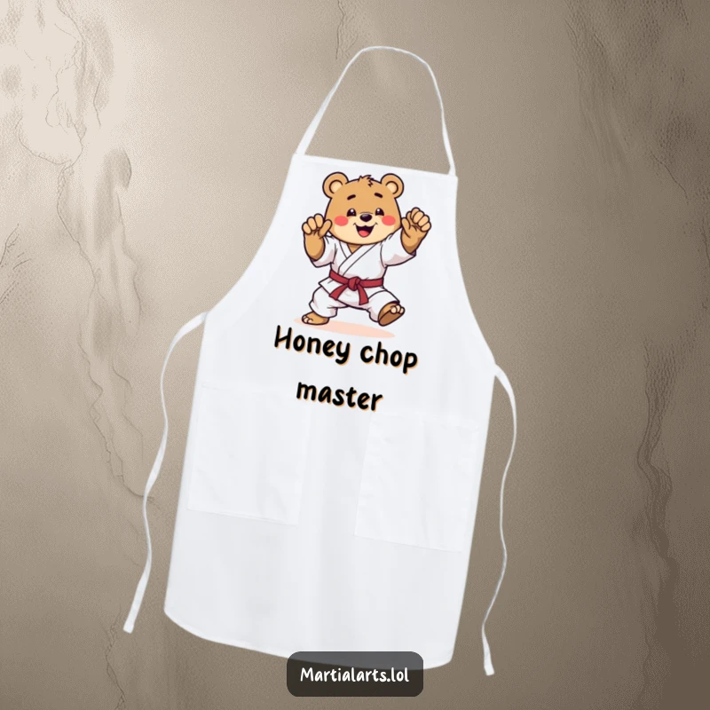 Funny karate bear apron, a happy bear performing a dynamic mid-kick, protecting the cook with martial arts flair and a funny, determined look.
