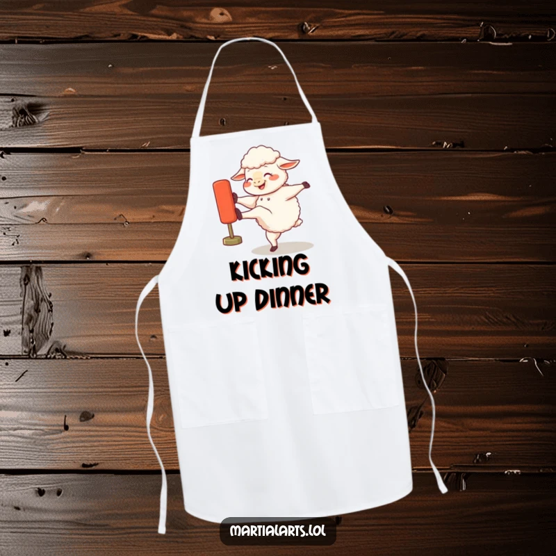 Funny apron depicting a giggling sheep powerfully kicking a training dummy, ideal for humorous kitchen or BBQ sessions.