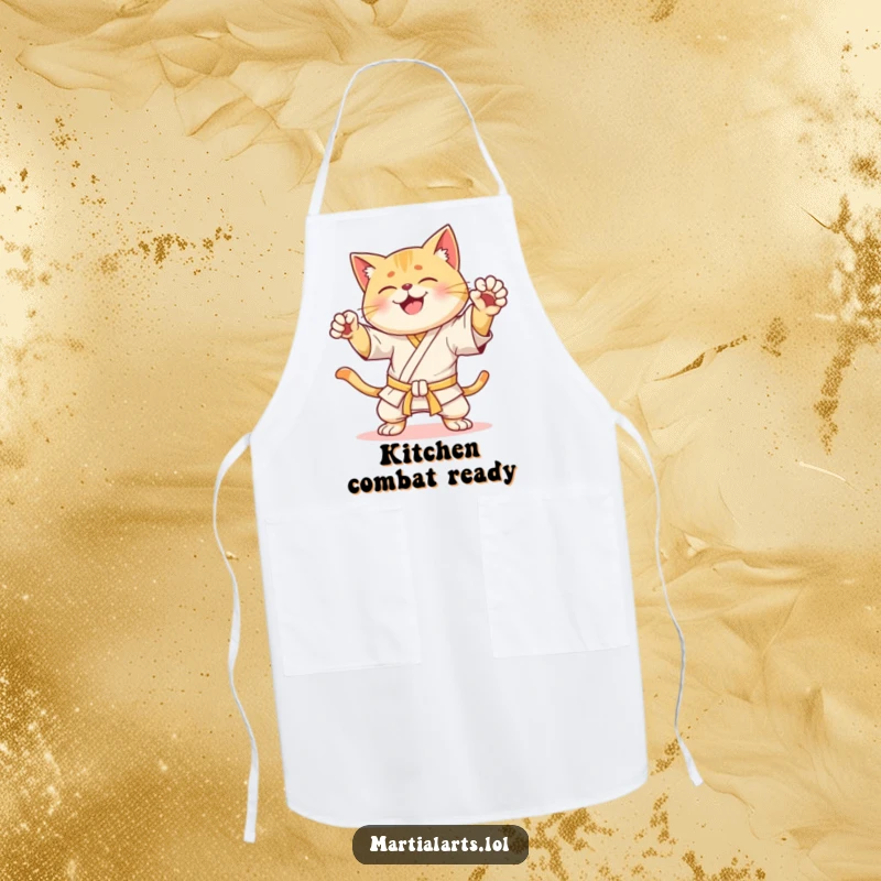 Funny Apron: A happy cat in a dynamic karate pose, ready to tackle kitchen tasks with humorous determination and skill.
