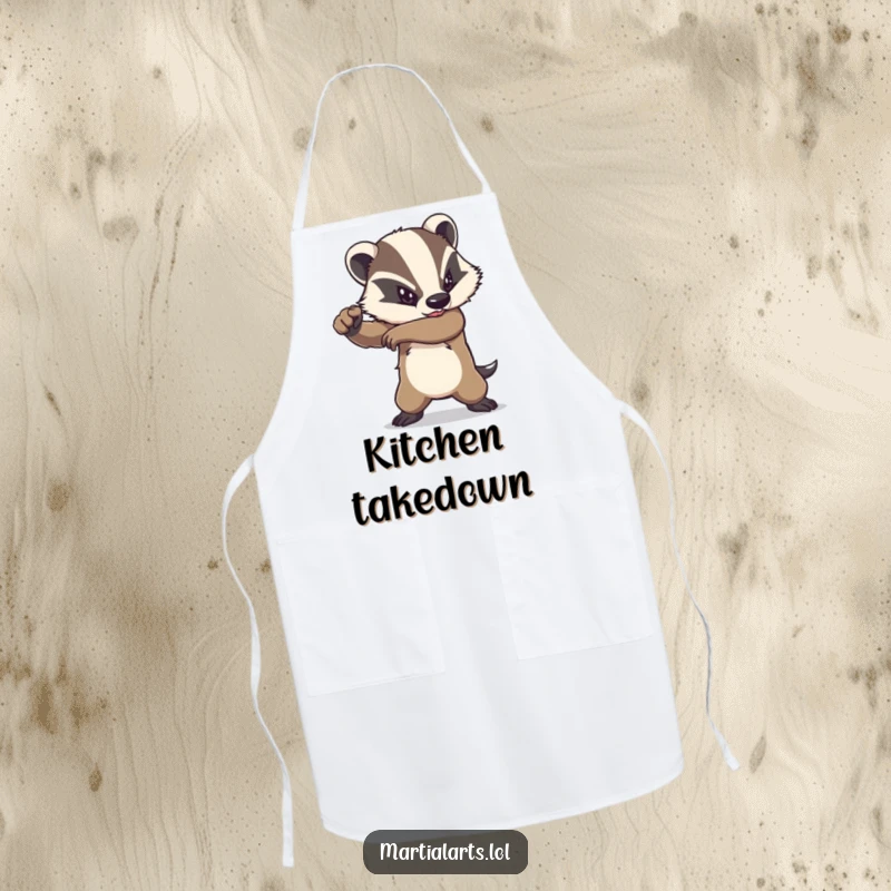 Funny badger elbow strike apron with a determined animal performing a powerful strike, adding fierce humor to cooking.