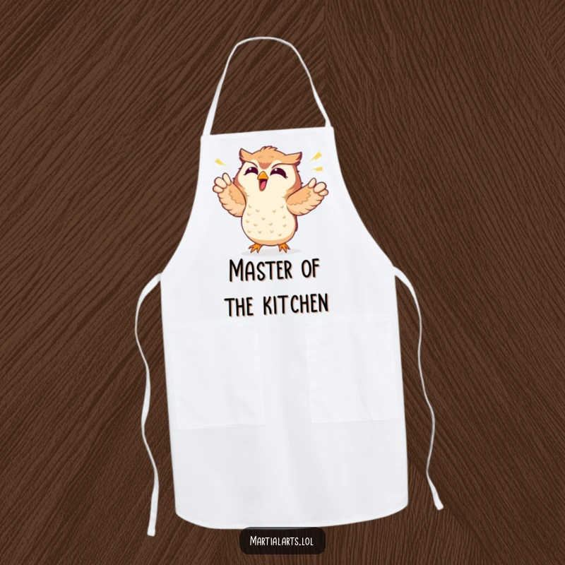 Funny apron with a giggling owl enthusiastically punching the air, making kitchen tasks a comical delight.