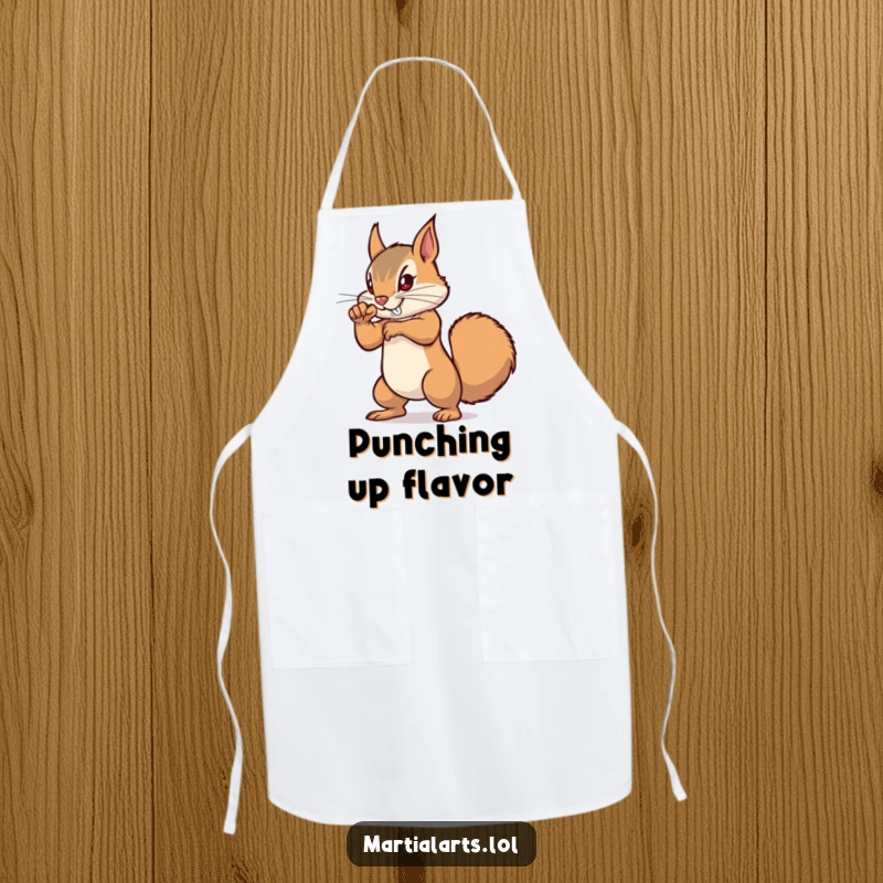 Funny Squirrel Punch Apron with a focused squirrel delivering a powerful punch, perfect for a humorous cooking experience.