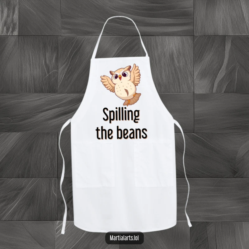 Funny apron depicting a startled owl tumbling mid-leap, perfect for humorous kitchen activities.