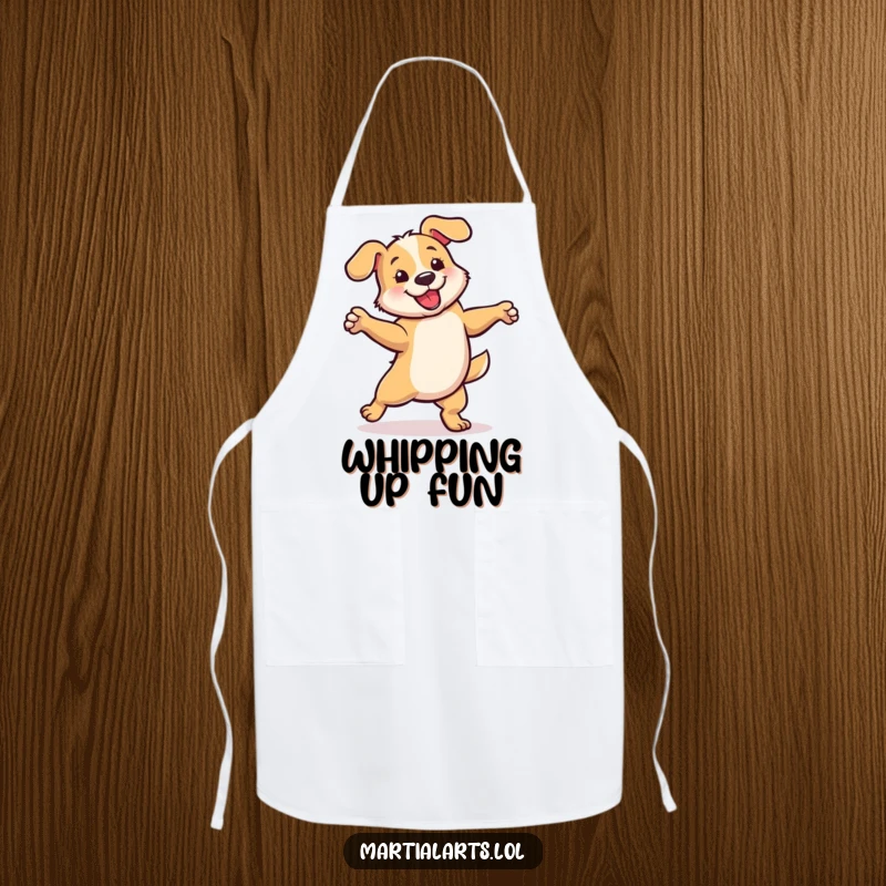 Funny apron depicting a dog in a playful, energetic spin, perfect for humorous kitchen activities.