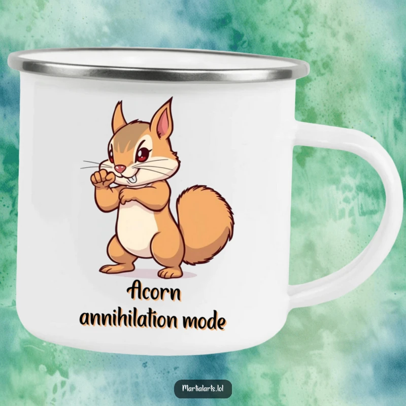 Funny Squirrel Punch Camping Mug with a focused squirrel delivering a punch, built for rugged, humorous outdoor use.
