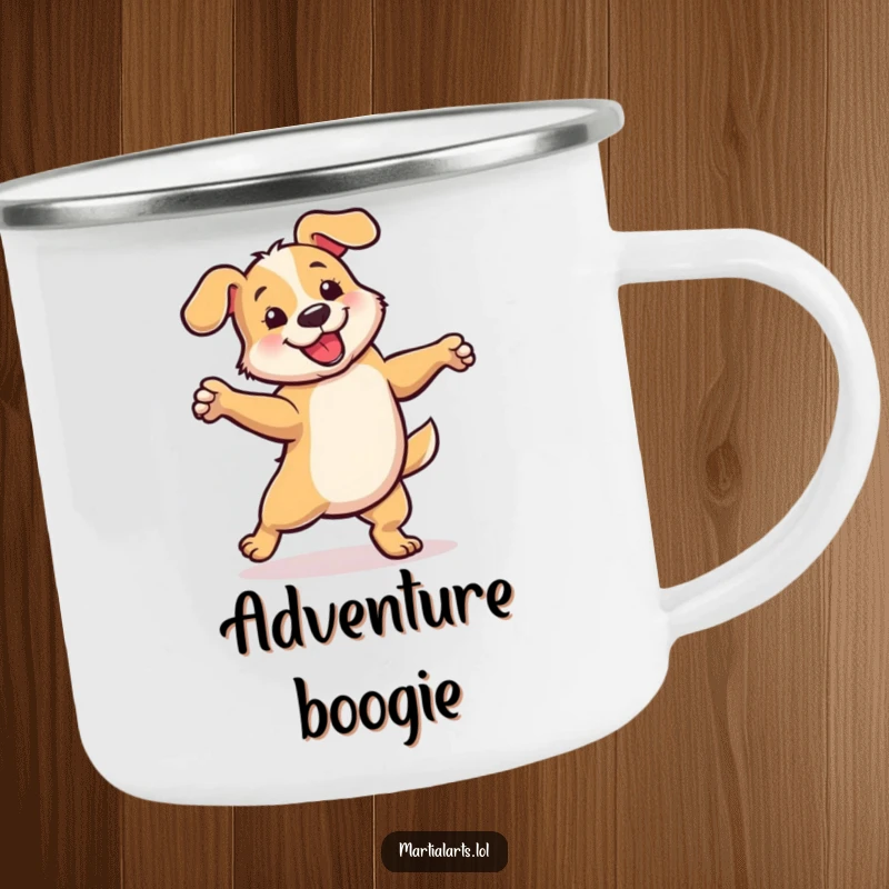 Funny camping mug featuring a dog in a playful, energetic spin, for humorous outdoor enjoyment.