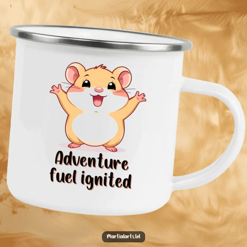 Funny hamster camping mug showing a happy creature in a wide, energetic stance, perfect for outdoor drinks and cheer.