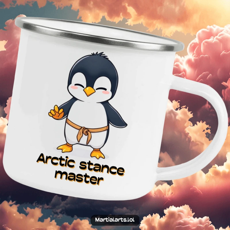 Funny penguin karate camping mug, a curious penguin wobbling in a clumsy martial arts stance, ideal for outdoor adventures and hot beverages with a smile.