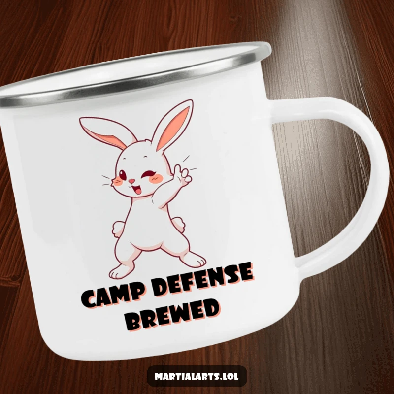 Funny Camping Mug: A cute bunny executing a swift blocking motion, bringing humorous alertness and charm to outdoor excursions.