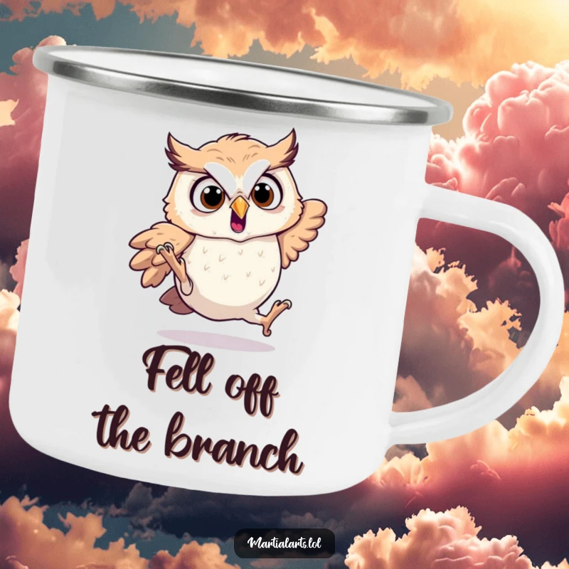 Funny startled owl camping mug showing an owl tumbling happily, perfect for brews.