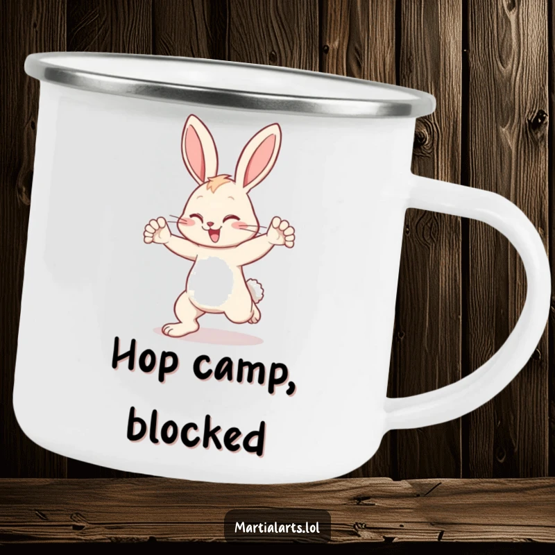 Funny bunny camping mug showing a bunny blocking a kick, perfect for outdoor use and humorous protection.