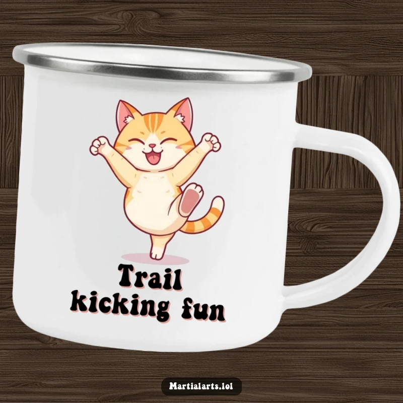 Funny cat camping mug showing a happy cat humorously performing a high kick with a determined expression, for outdoor enjoyment.
