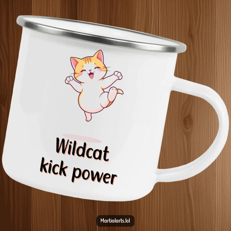 Funny Cat Camping Mug featuring a jumping cat executing a playful roundhouse kick, perfect for campfire humor.