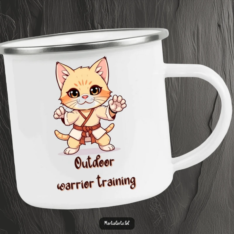 Funny curious kitten in a martial arts pose on a camping mug, a durable and humorous mug for outdoor explorers.