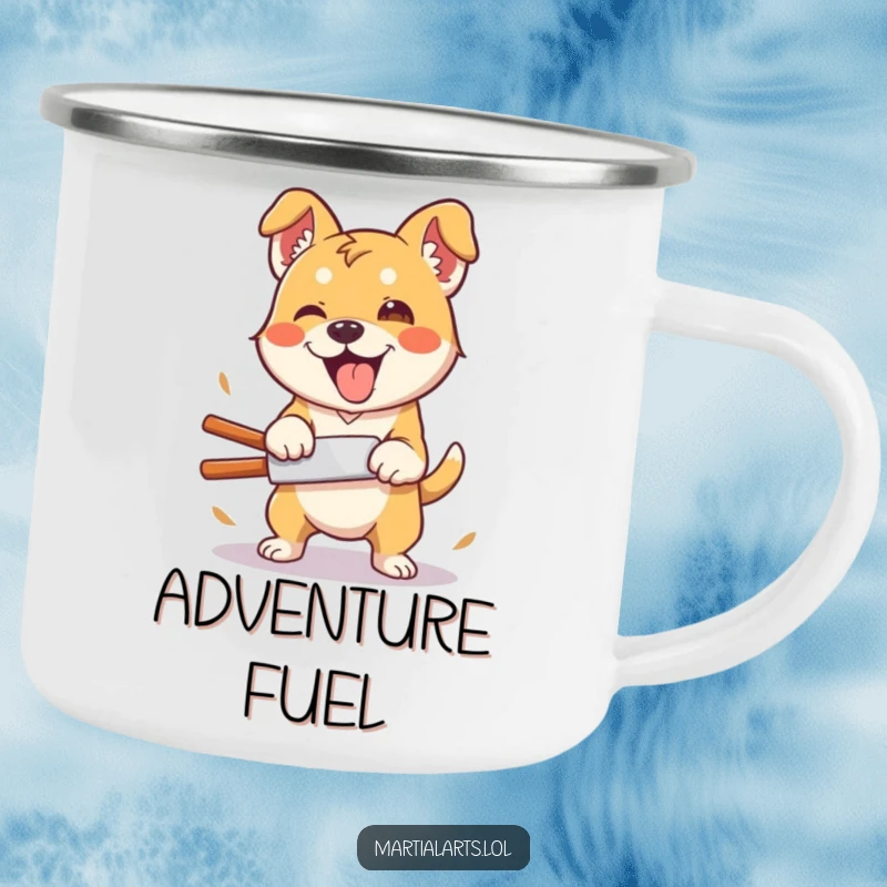 Funny Dog Camping Mug: A silly dog attempting a clumsy, enthusiastic karate chop, perfect for outdoor drinks.