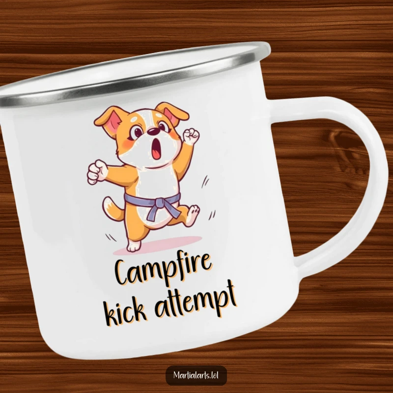 Funny Dog Kick Camping Mug: A surprised dog attempting a funny kick, perfect for durable outdoor drinkware.
