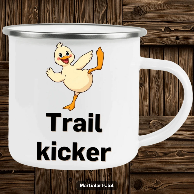 Funny Duck Camping Mug: A cheerful duck performing a dramatic flying kick, perfect for enjoying drinks outdoors.