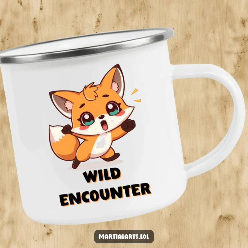 Funny camping mug with a surprised fox dodging a punch, designed for outdoor adventures and humorous preparedness.