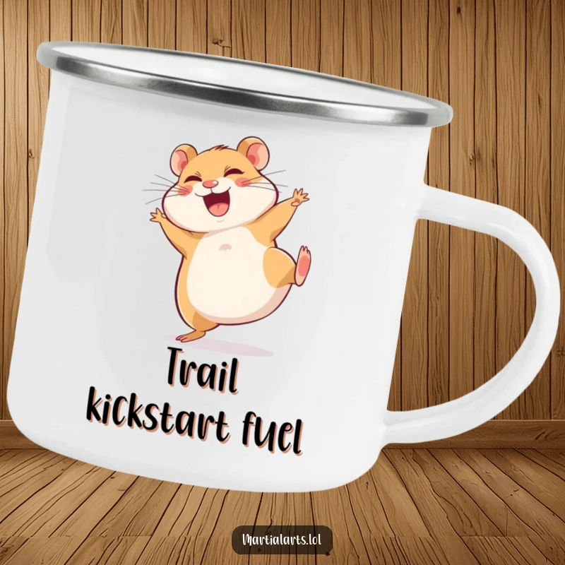 Funny Camping Mug: A giggling hamster executes a funny spinning side kick, perfect for outdoor adventures and laughs.