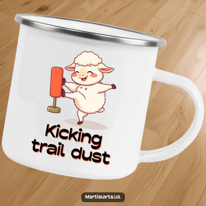 Funny camping mug featuring a giggling sheep kicking a training dummy, perfect for outdoor humor and warm beverages.