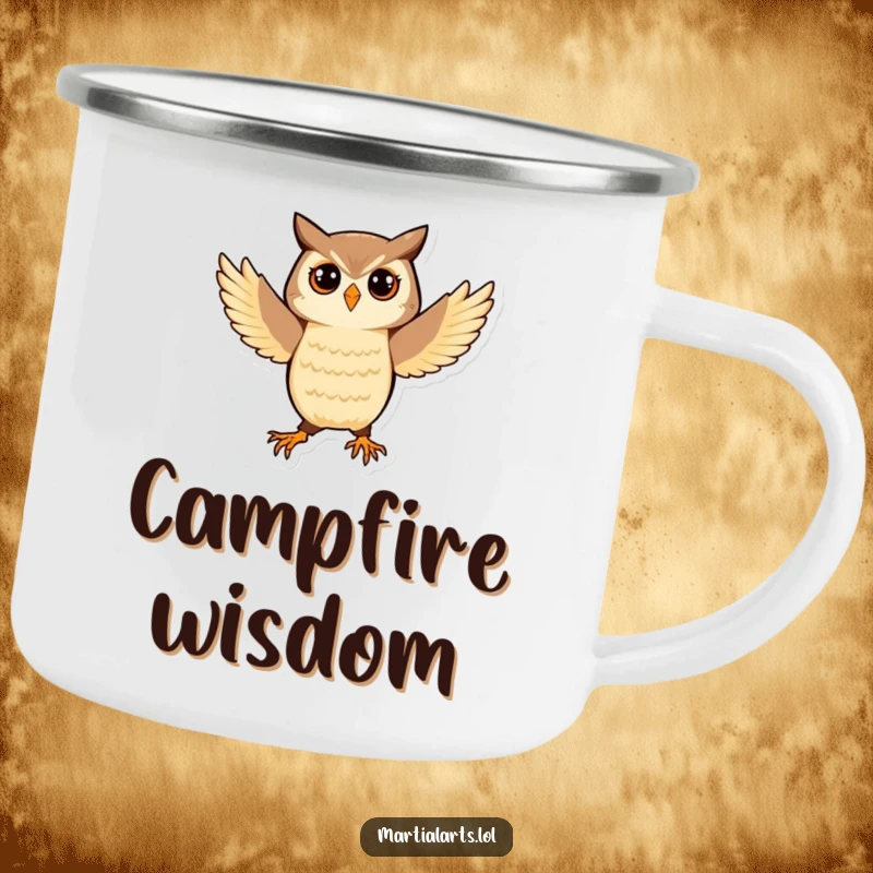 Funny Owl Camping Mug: A playful owl balancing in a martial arts stance, perfect for enjoying drinks outdoors.