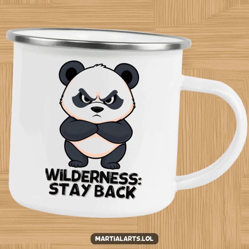Funny panda camping mug showing a determined panda with crossed arms and a fierce look, ready for outdoor challenges with humor.