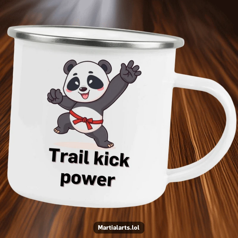 Funny camping mug featuring a happy panda in a martial arts kick, durable and ready for outdoor adventures.